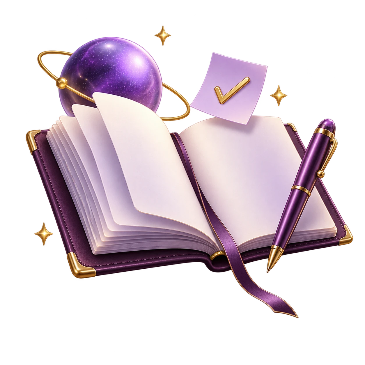 An open purple notebook beneath a glowing violet planet, with a golden orbit and a little checked reminder.